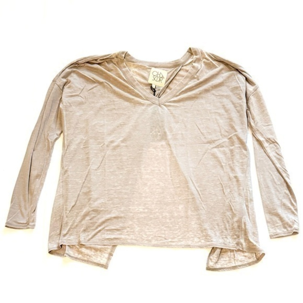 Chaser Revolve Split Tan Brown Long Sleeve V-Neck Top Sz Small